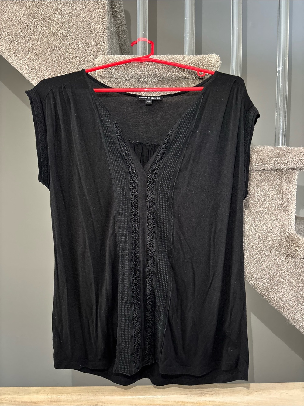 Cable & Gauge Black Lace-Trim V-Neck Tunic Top